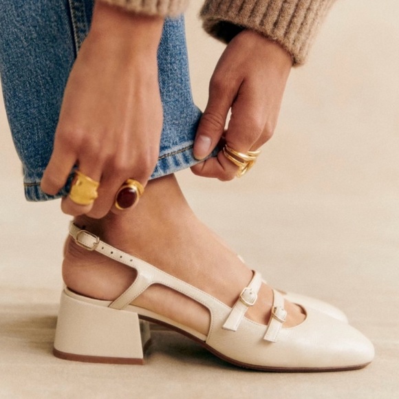 Sezane Paula Babies Mid Block Heel Slingback Sandals White Lacquer NIB Size 8 - Picture 2 of 15